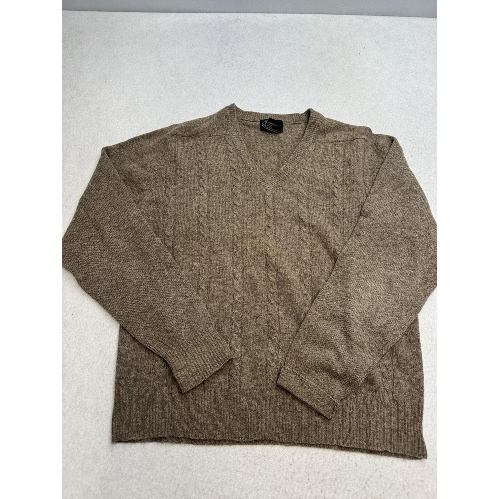 Saddles Ltd Sweater Mens Large Brown Lambswool V Neck Cable Knit Pullover Warm